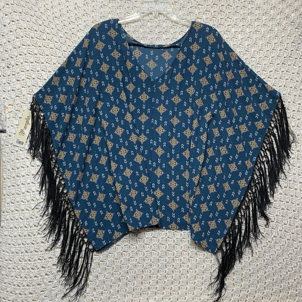 Wrangler Top Women Sz S Kimono Poncho Shawl With Fringe Blue Aztec Print Western - Picture 2 of 7